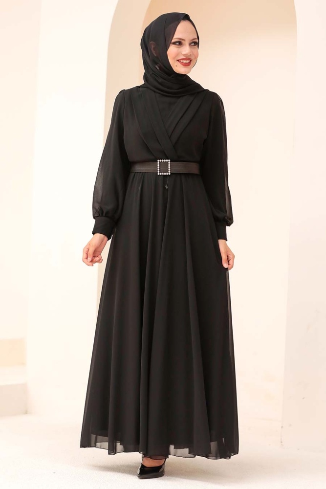 Tesettürlü Abiye Elbise -Robe de soirée islamique noire 3060S - 2