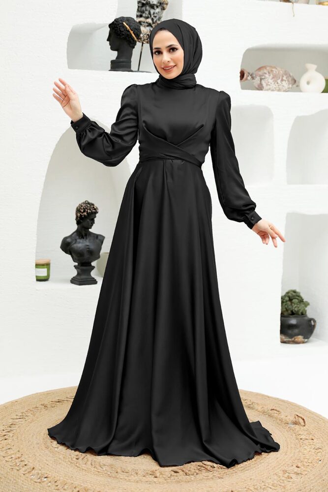 Tesettürlü Abiye Elbise - Robe de soirée islamique noire 3064S - 1