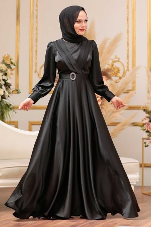 Tesettürlü Abiye Elbise - Robe de soirée islamique noire 31290S - 1