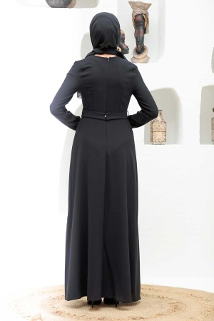 Tesettürlü Abiye Elbise - Robe de soirée islamique noire 32150S - 2