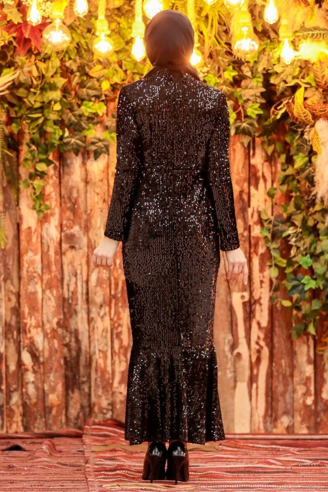 Tesettürlü Abiye Elbise - Robe de soirée islamique noire 32370S - 3