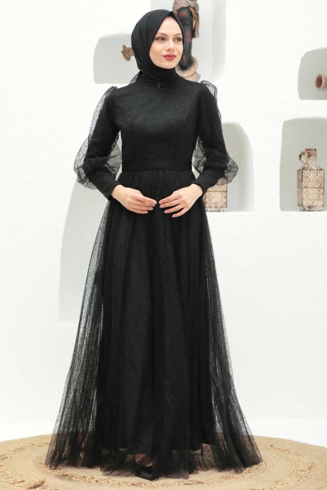 Tesettürlü Abiye Elbise - Robe de soirée islamique noire 32763S - 2