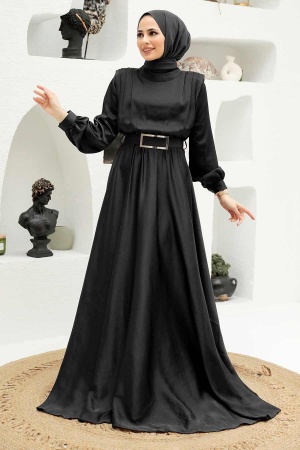 Tesettürlü Abiye Elbise - Robe de Soirée Islamique Noire 3378S - 1
