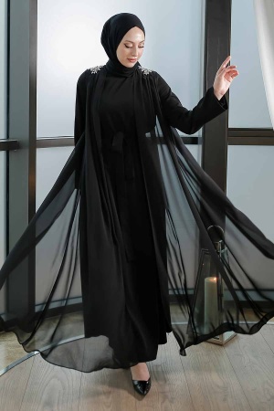 Tesettürlü Abiye Elbise - Robe de soirée islamique noire 347500S - 1