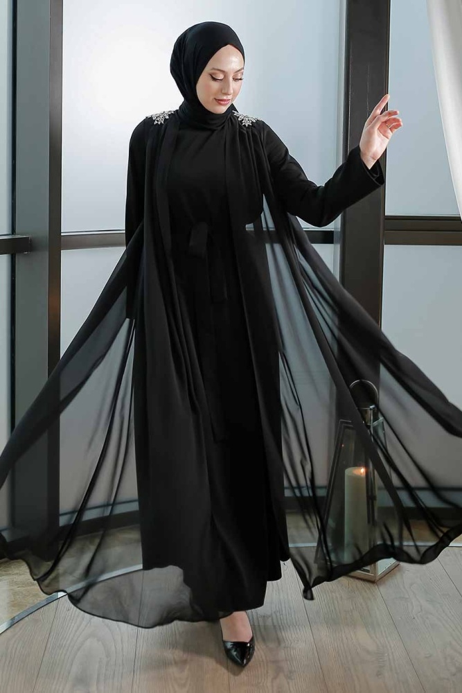 Tesettürlü Abiye Elbise - Robe de soirée islamique noire 347500S - 1