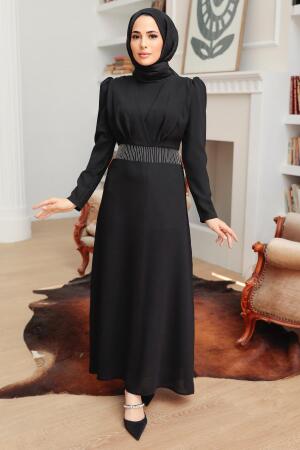 Tesettürlü Abiye Elbise - Robe de Soirée Islamique Noire 51531S - 1