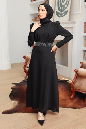 Tesettürlü Abiye Elbise - Robe de Soirée Islamique Noire 51531S - 2