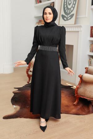 Tesettürlü Abiye Elbise - Robe de Soirée Islamique Noire 51531S - 3