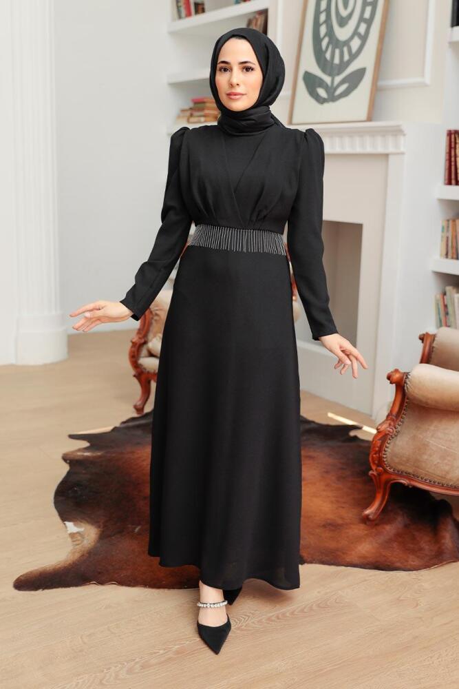 Tesettürlü Abiye Elbise - Robe de Soirée Islamique Noire 51531S - 3