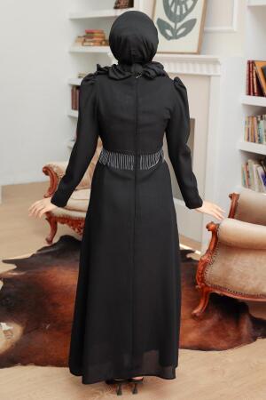 Tesettürlü Abiye Elbise - Robe de Soirée Islamique Noire 51531S - 4