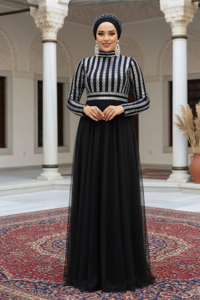 Tesettürlü Abiye Elbise - Robe de soirée islamique noire 5338S - 1