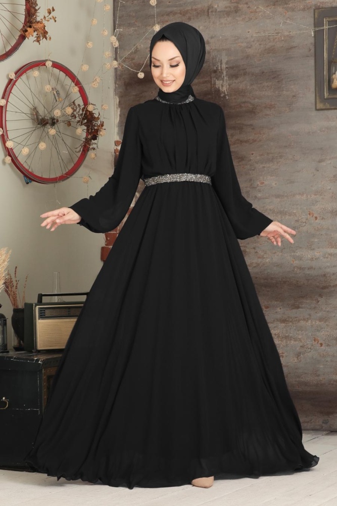 Tesettürlü Abiye Elbise - Robe de soirée islamique noire 5339S - 1