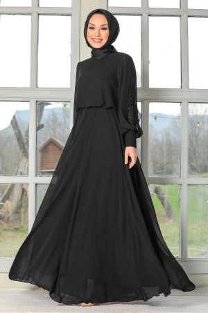 Tesettürlü Abiye Elbise - Robe de soirée islamique noire 54030S - 1