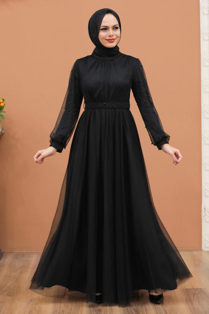 Tesettürlü Abiye Elbise - Robe de soirée islamique noire 5514S - 3