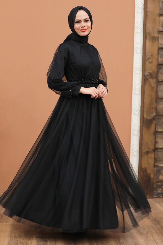 Tesettürlü Abiye Elbise - Robe de soirée islamique noire 5514S - 1