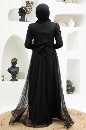 Robe de soirée longue et couvrante avec détails de perles nacrées – Noir 56641S - 3