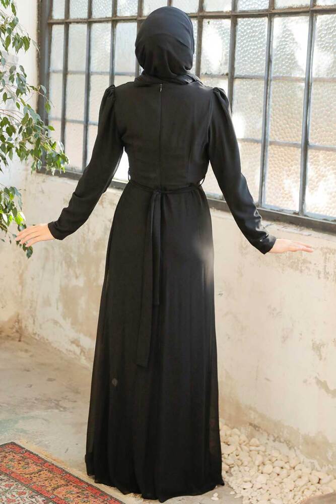 Tesettürlü Abiye Elbise - Robe de Soirée Islamique Noire 5736S - 2