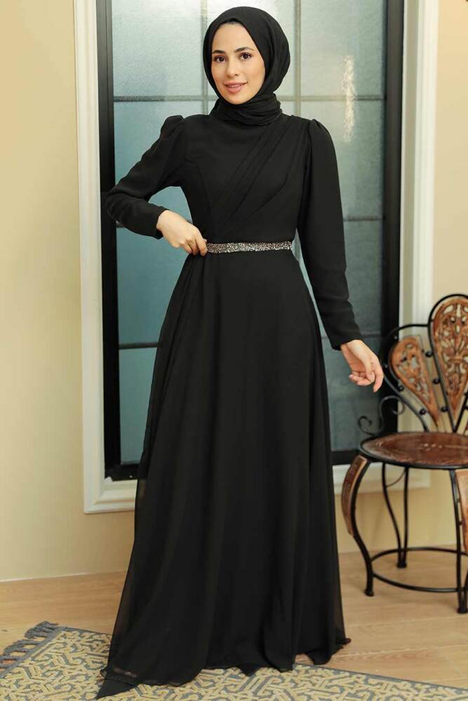 Tesettürlü Abiye Elbise - Robe de Soirée Islamique Noire 5737S - 1