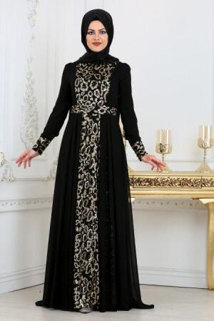 Tesettürlü Abiye Elbise - Robe de soirée islamique noire 7592S - 2