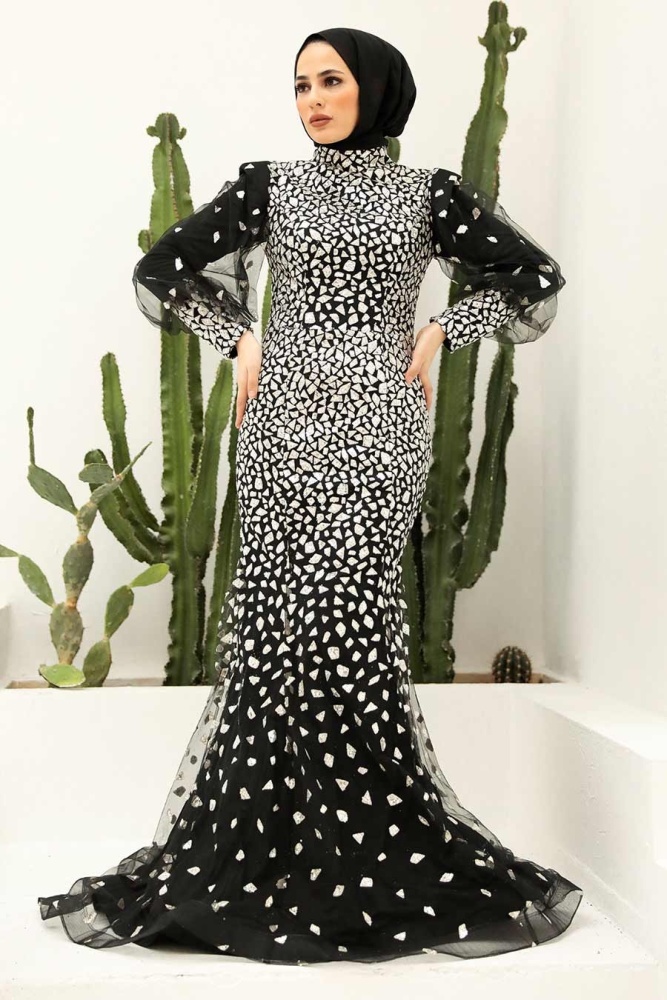 Tesettürlü Abiye Elbise - Robe de Soirée Islamique Noire 952S - 1