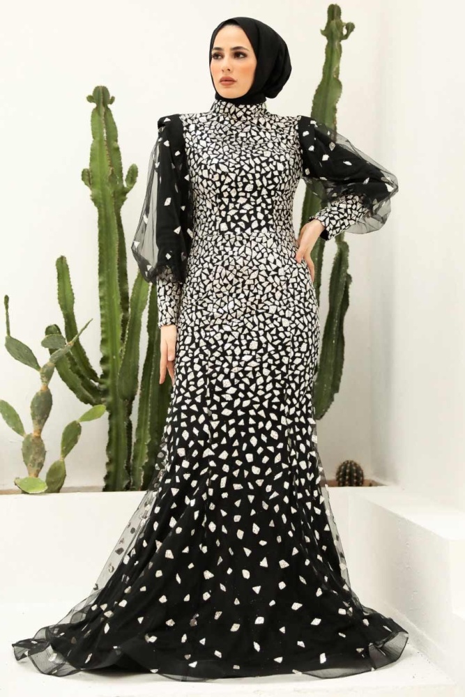 Tesettürlü Abiye Elbise - Robe de Soirée Islamique Noire 952S - 2