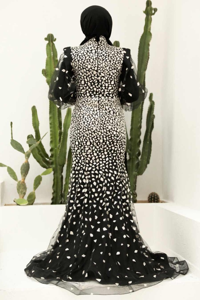 Tesettürlü Abiye Elbise - Robe de Soirée Islamique Noire 952S - 3