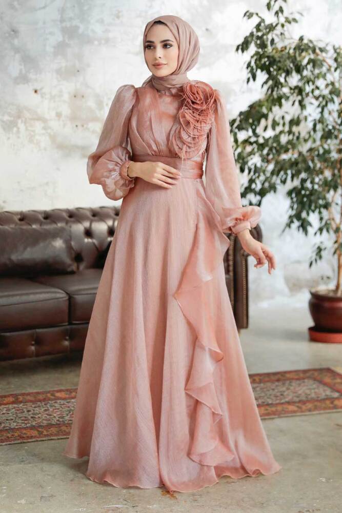 Tesettürlü Abiye Elbise - Robe de Soirée Islamique Or 22321GOLD - 1