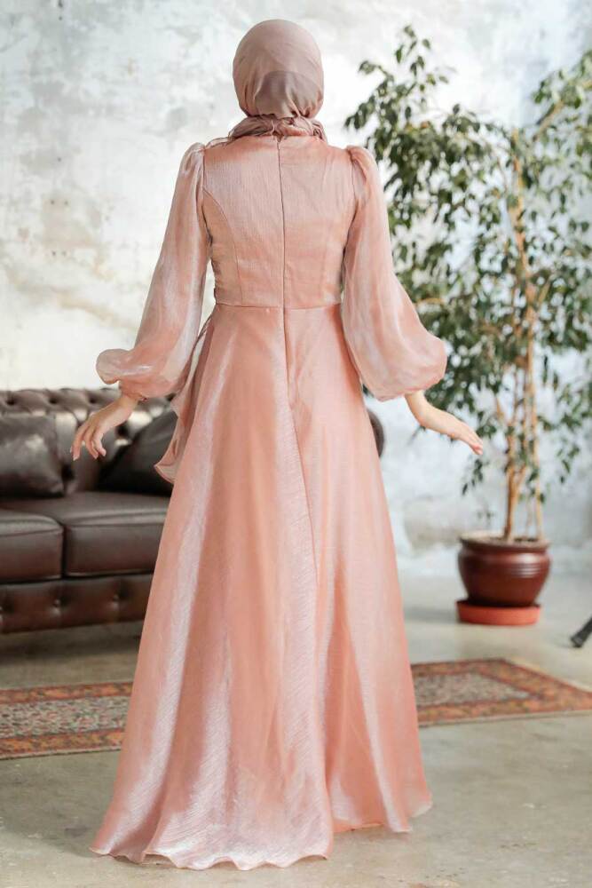 Tesettürlü Abiye Elbise - Robe de Soirée Islamique Or 22321GOLD - 3