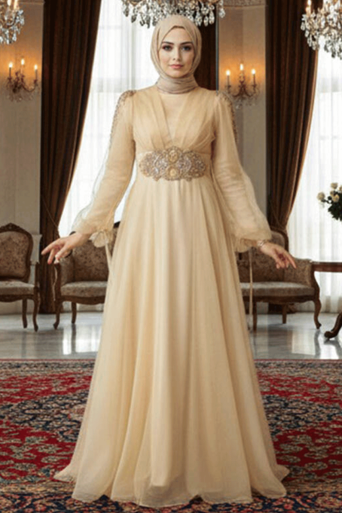 Tesettürlü Abiye Elbise - Robe de Soirée Islamique Or 2249GOLD - 1