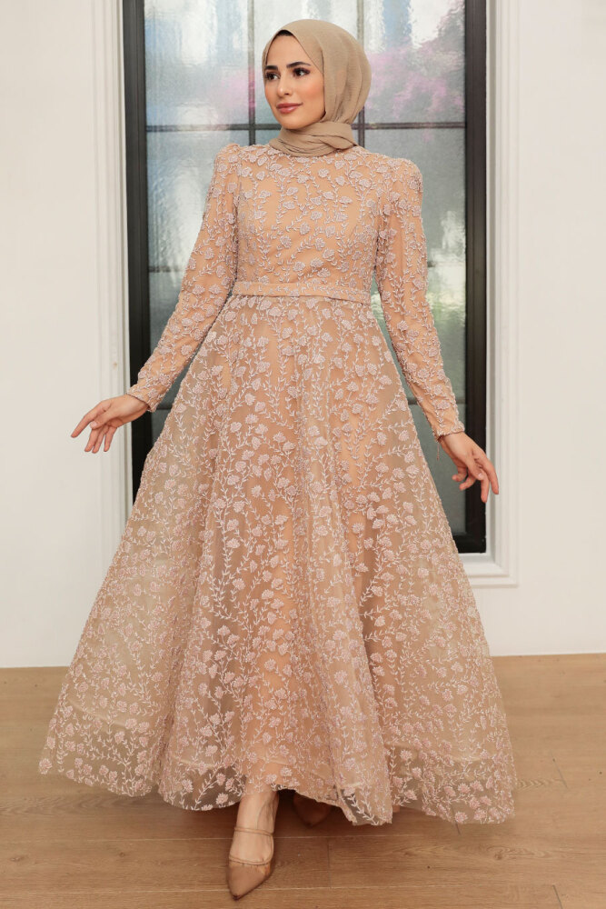 Tesettürlü Abiye Elbise - Robe de Soirée Islamique Or 22510GOLD - 1