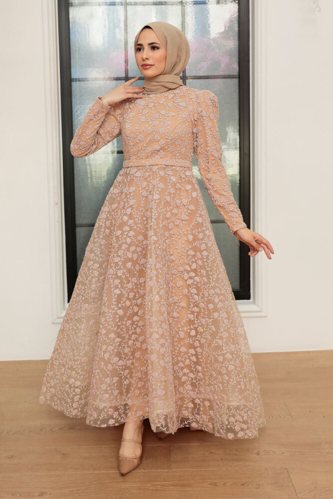 Tesettürlü Abiye Elbise - Robe de Soirée Islamique Or 22510GOLD - 2