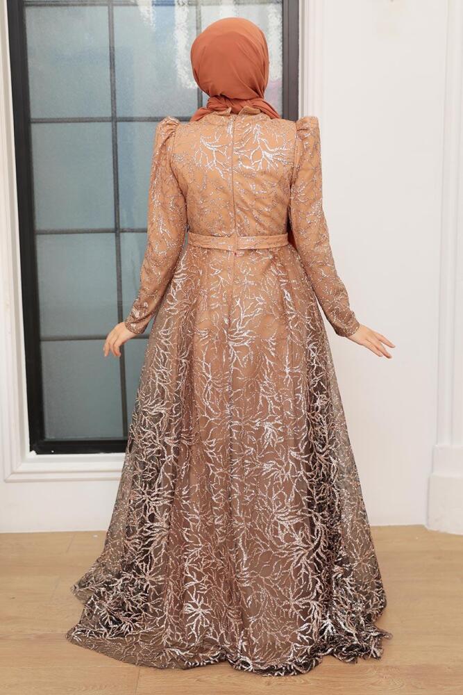 Tesettürlü Abiye Elbise - Robe de Soirée Islamique Or 22602GOLD - 3
