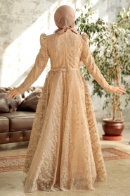 Tesettürlü Abiye Elbise - Robe de Soirée Islamique Or 22780GOLD - Thumbnail