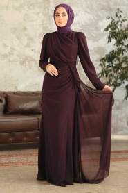 Tesettürlü Abiye Elbise - Robe de Soirée Islamique Prune 5736MU - Thumbnail