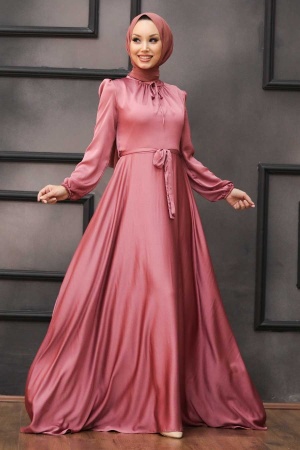 Tesettürlü Abiye Elbise - Robe de soirée islamique rose séchée 25130GK - 1