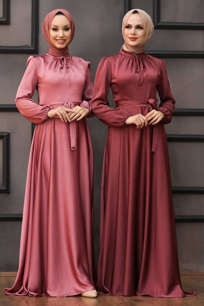 Tesettürlü Abiye Elbise - Robe de soirée islamique rose séchée 25130GK - 2