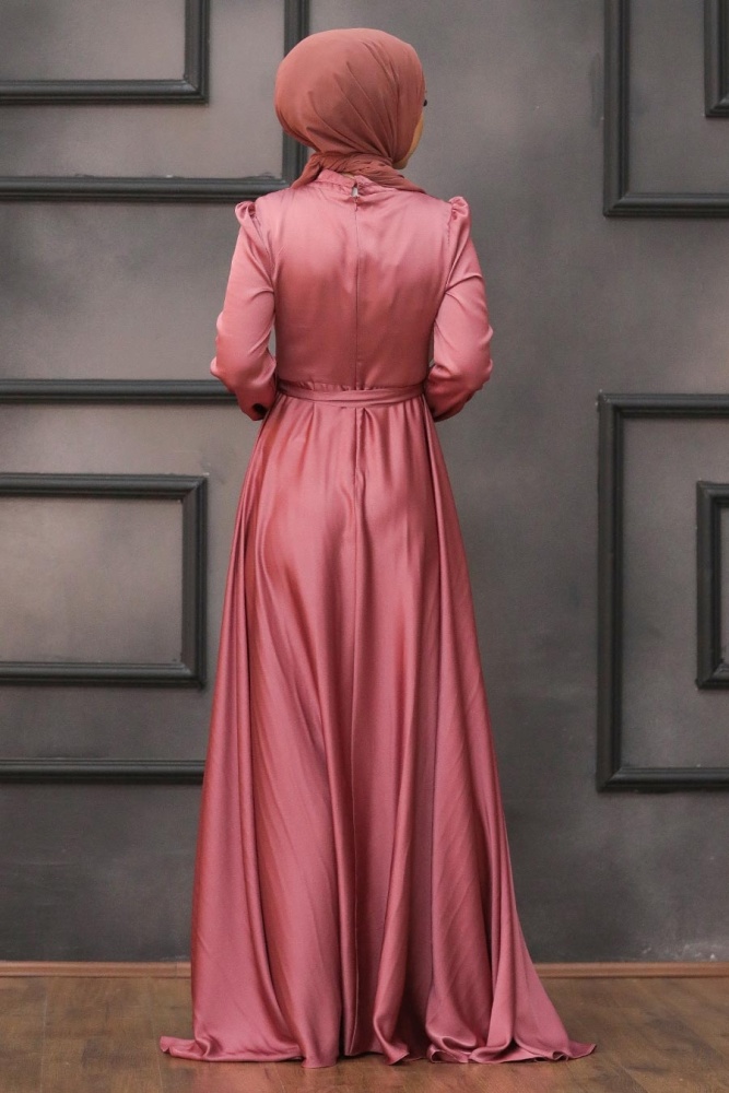Tesettürlü Abiye Elbise - Robe de soirée islamique rose séchée 25130GK - 4