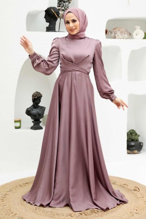 Tesettürlü Abiye Elbise - Robe de soirée islamique rose séchée 3064GK - 1