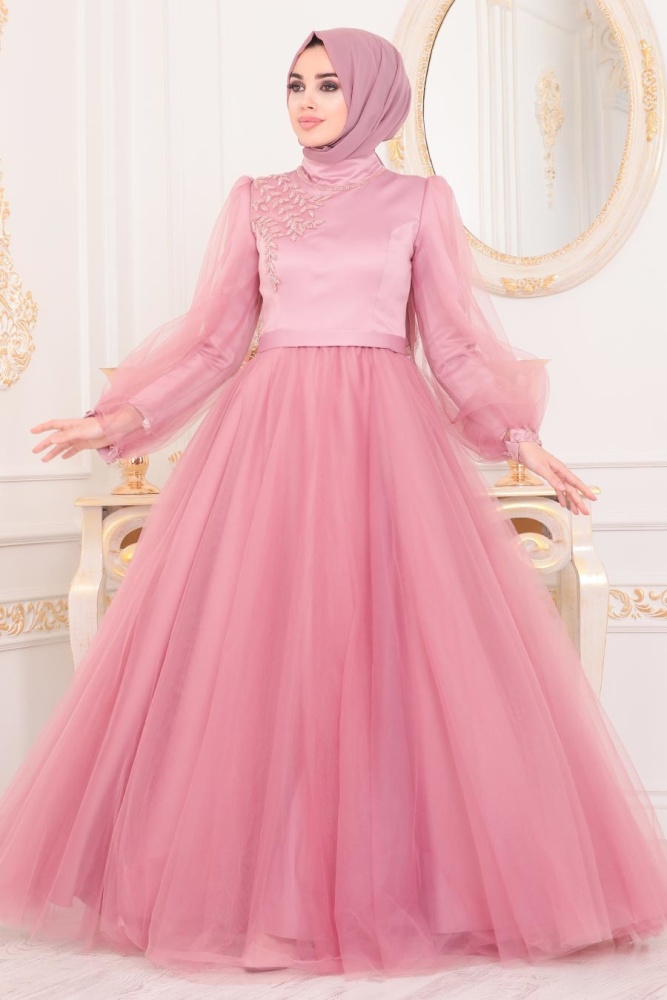 Tesettürlü Abiye Elbise - Robe de soirée islamique rose séchée 40460GK - 1