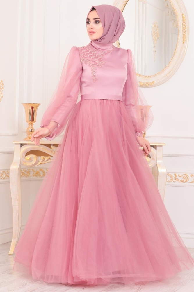 Tesettürlü Abiye Elbise - Robe de soirée islamique rose séchée 40460GK - 2