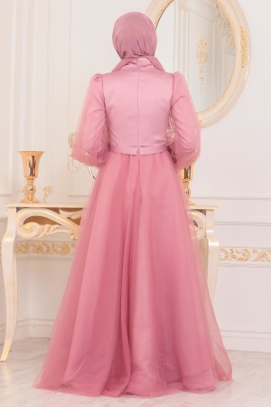 Tesettürlü Abiye Elbise - Robe de soirée islamique rose séchée 40460GK - 3