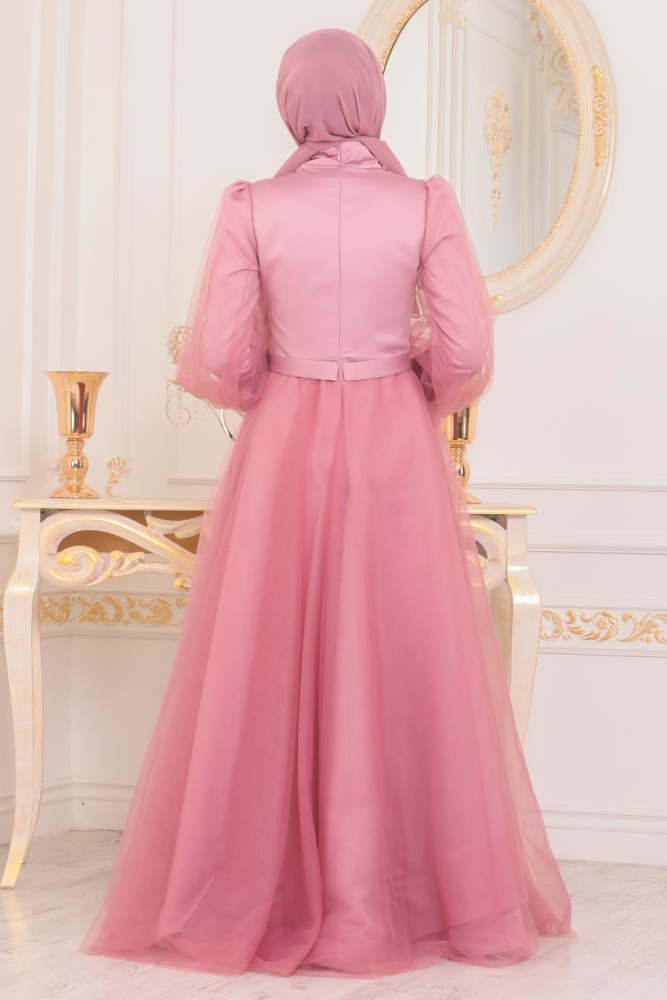 Tesettürlü Abiye Elbise - Robe de soirée islamique rose séchée 40460GK - 3