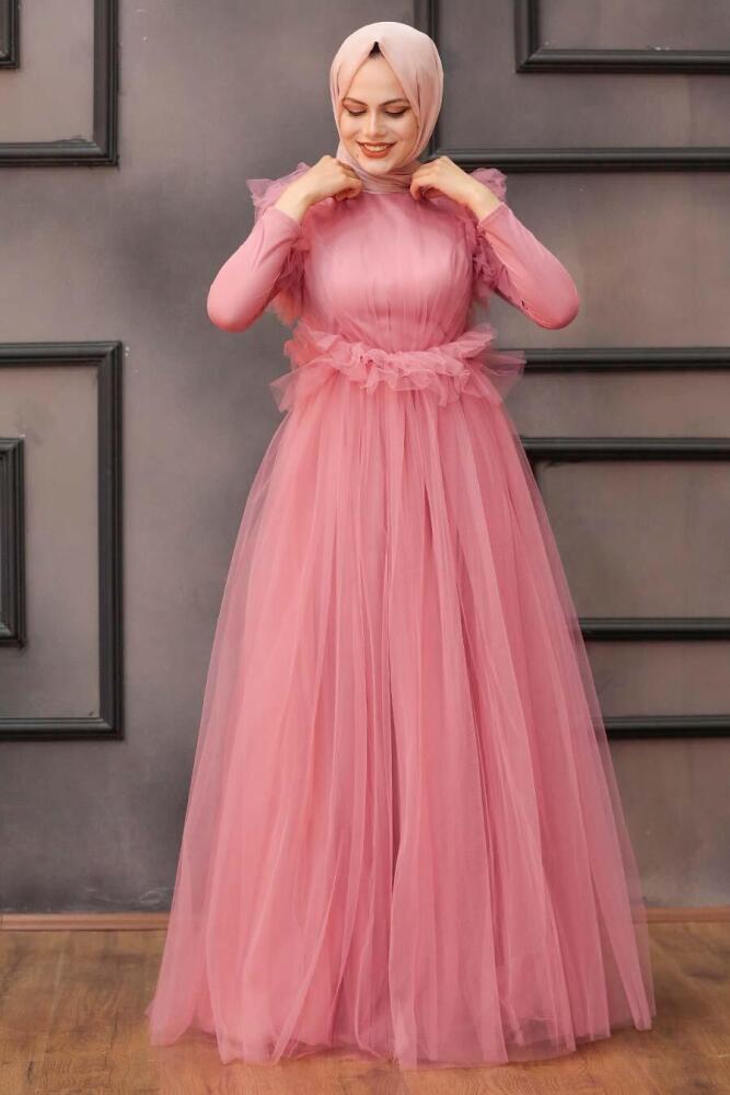 Tesettürlü Abiye Elbise - Robe de soirée islamique rose séchée 4067GK - 1