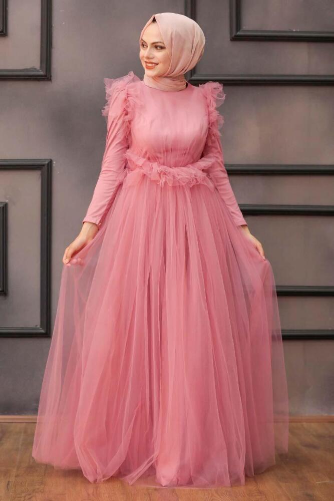 Tesettürlü Abiye Elbise - Robe de soirée islamique rose séchée 4067GK - 2