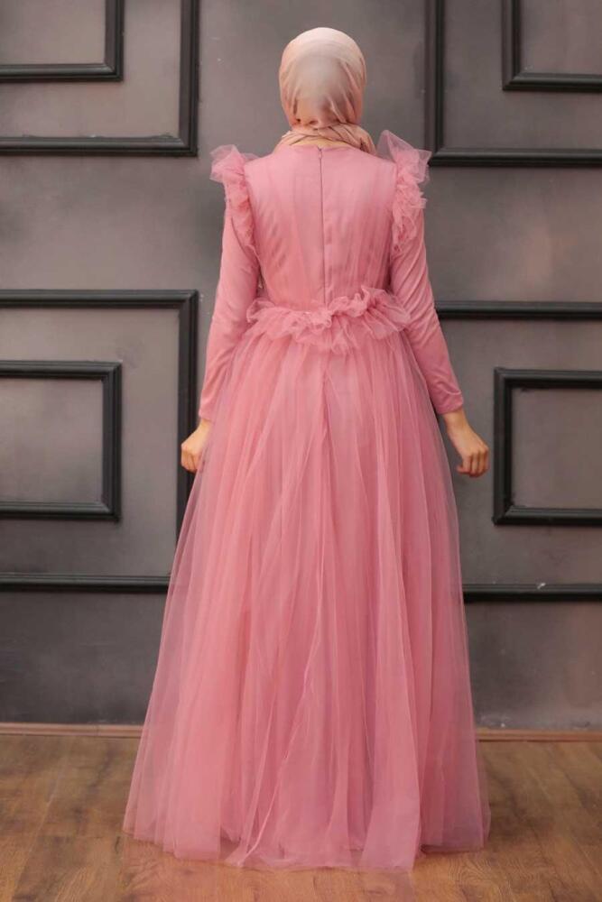 Tesettürlü Abiye Elbise - Robe de soirée islamique rose séchée 4067GK - 3