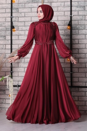 Tesettürlü Abiye Elbise - Robe de soirée islamique rouge bordeaux 21640BR - 1