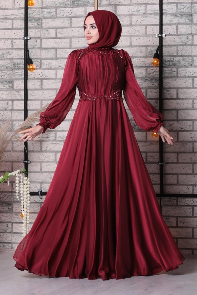 Tesettürlü Abiye Elbise - Robe de soirée islamique rouge bordeaux 21640BR - 1