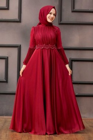 Tesettürlü Abiye Elbise - Robe de soirée islamique rouge bordeaux 2170BR - Thumbnail