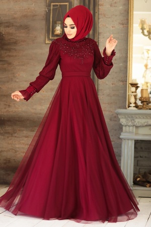 Tesettürlü Abiye Elbise - Robe de soirée islamique rouge bordeaux 21780BR - Thumbnail