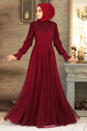 Tesettürlü Abiye Elbise - Robe de soirée islamique rouge bordeaux 21780BR - Thumbnail